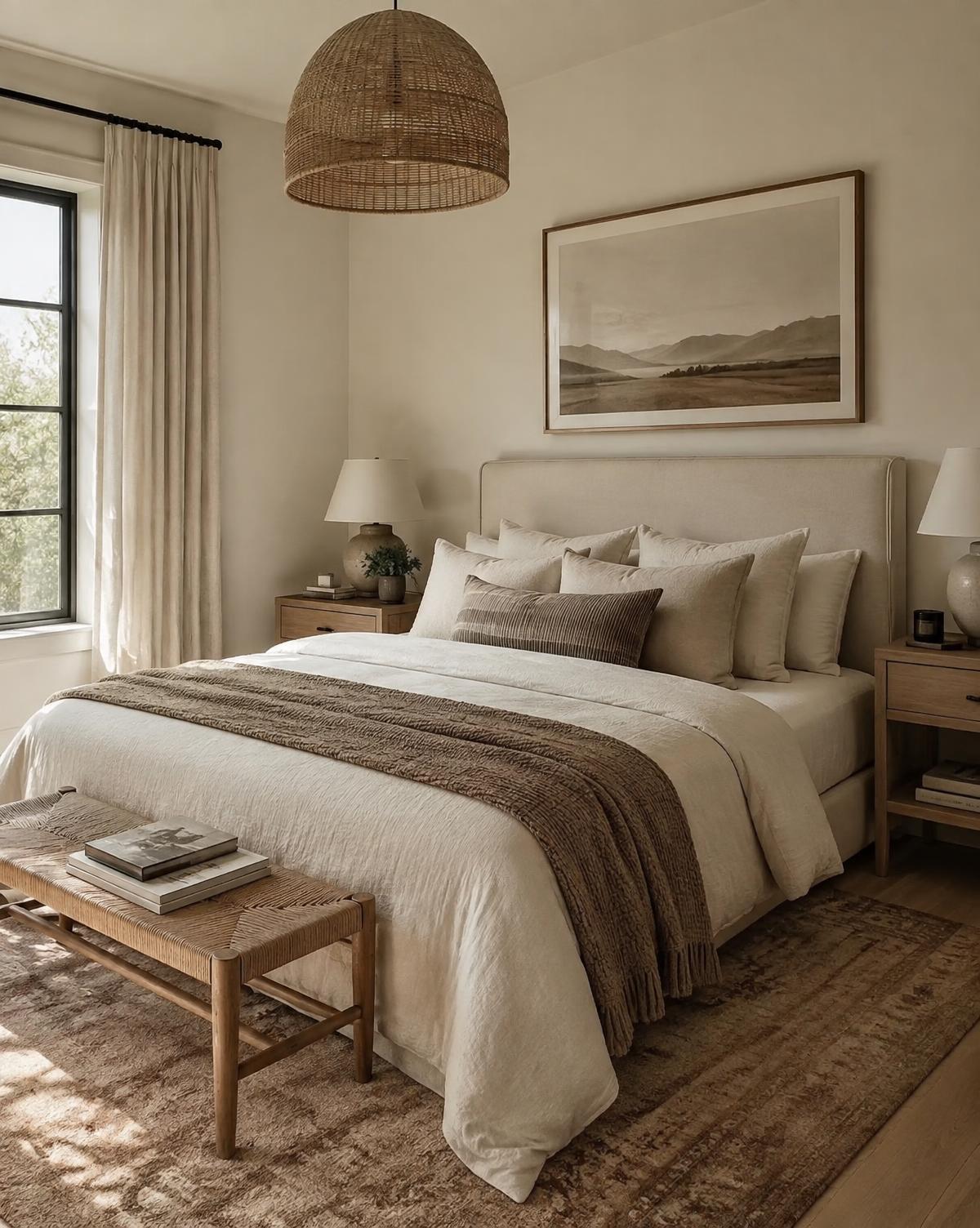 Serene primary bedroom in linen and oak with layered neutral textiles