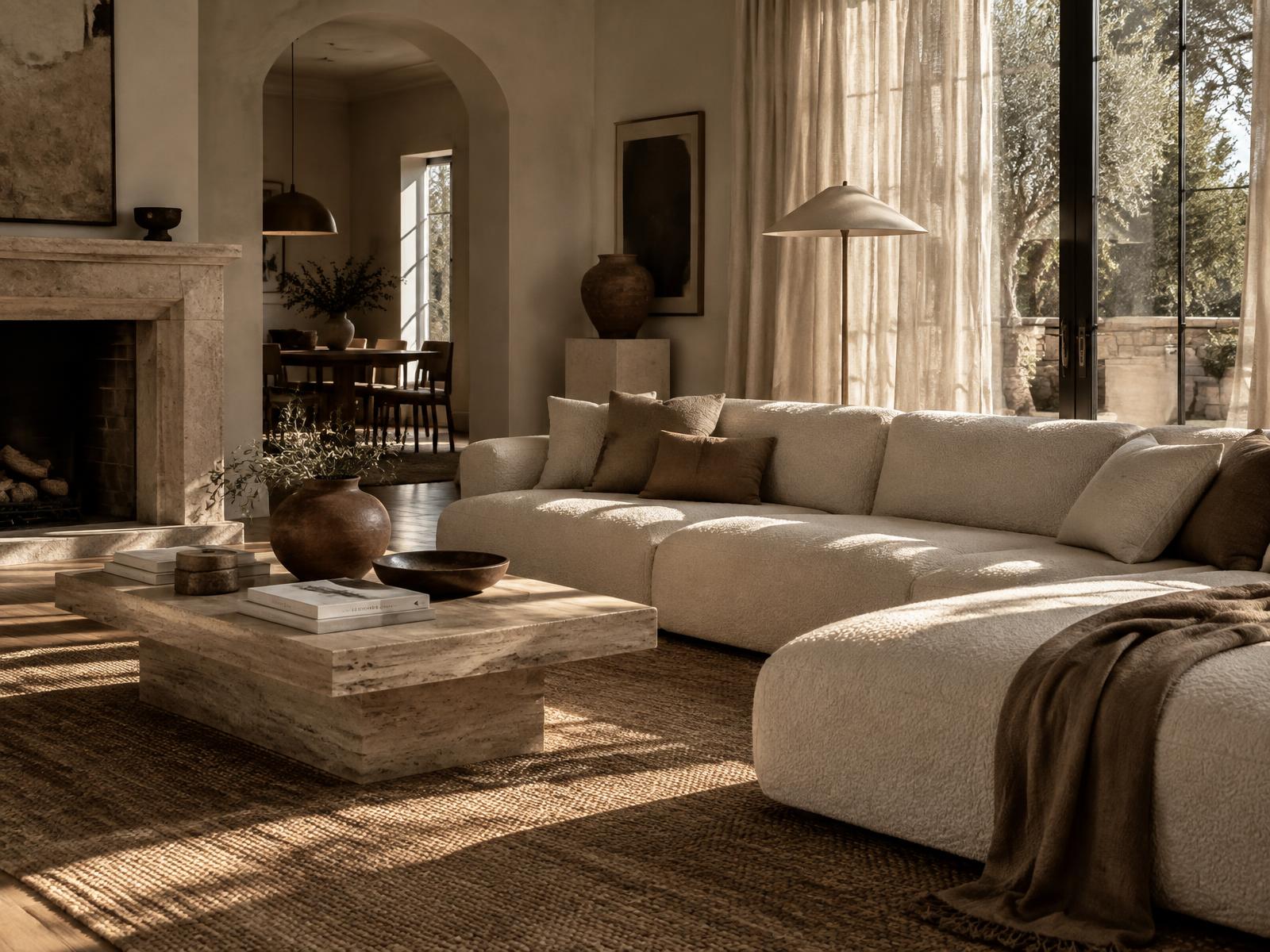 Sunlit modern living room with a bone bouclé sectional and travertine table